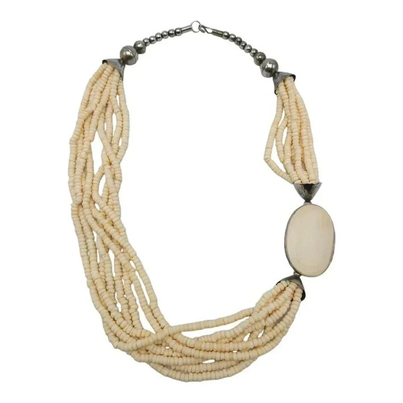 Estate Jewelry - Bovine Bone Bead Beaded Multi-Strand Statement Silver Tone Necklace